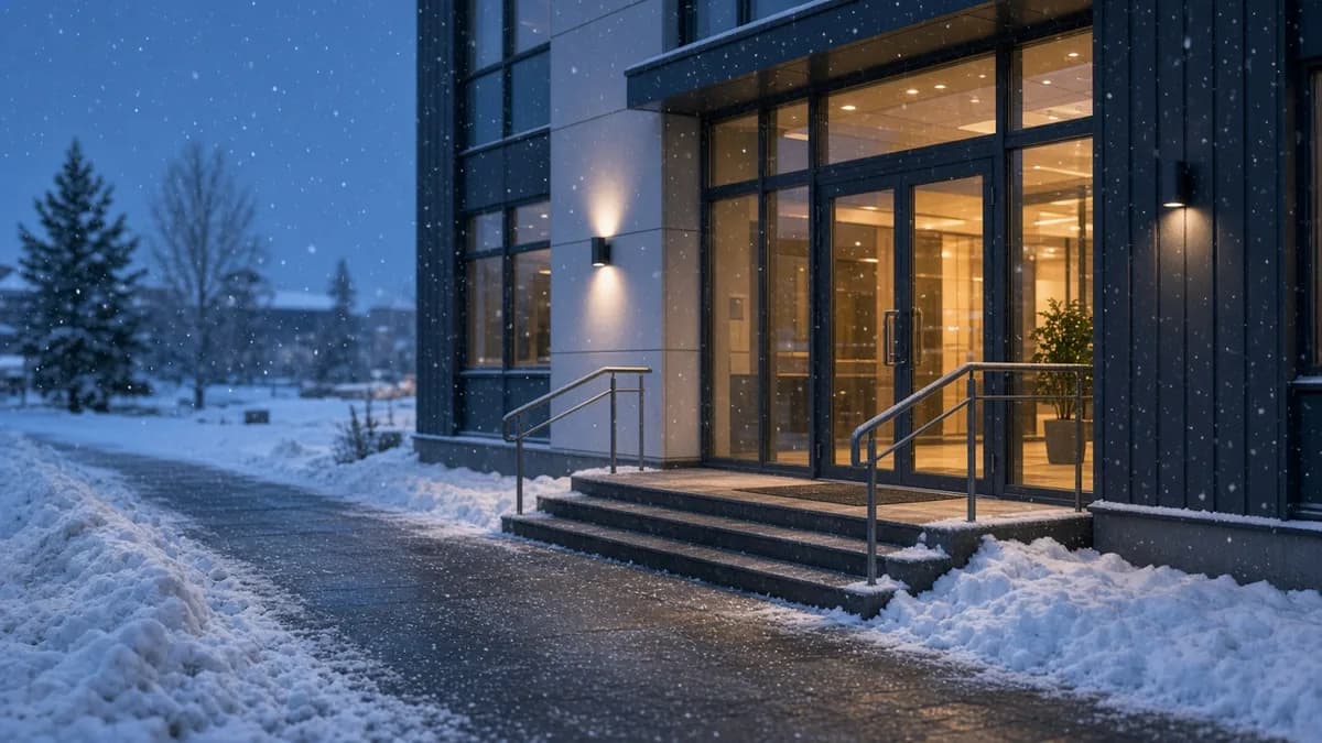 Cleared and gritted walkway leading to the lit glass entrance of a commercial building on a snowy winter evening.