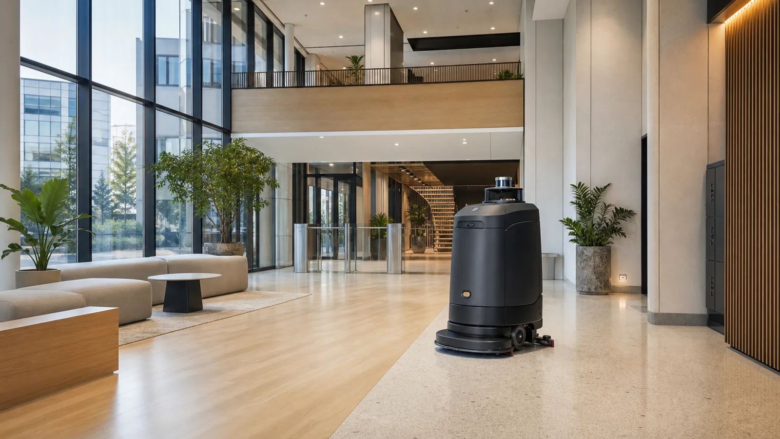 Autonomous commercial floor-cleaning robot operating inside a modern Finnish facility