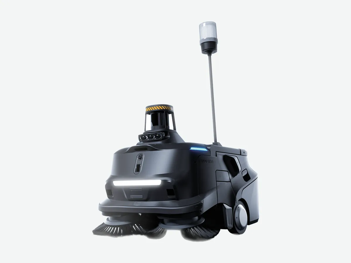 Industrial robotic sweeper with 3D perception sensors and roof-mounted sensor mast