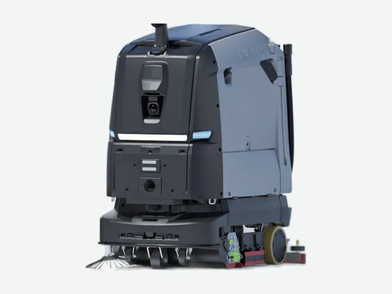 Advanced 3D LiDAR scrubber-dryer robot, front three-quarter view
