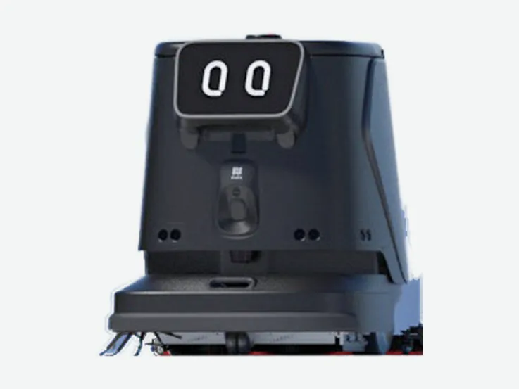 Compact AI autonomous commercial cleaning robot with eye display, front view