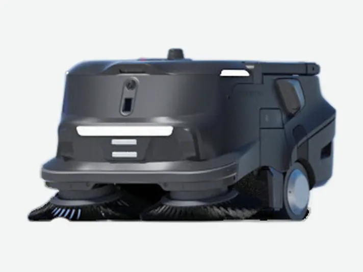 AI robotic sweeper and vacuum with side brushes, three-quarter view