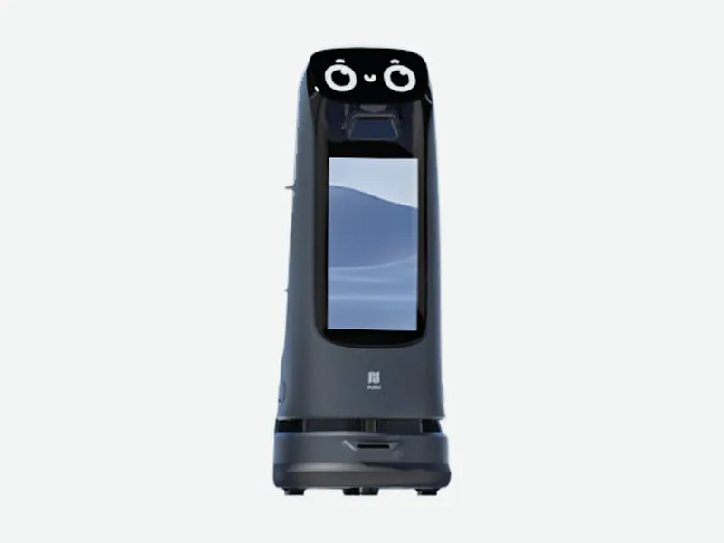 Greeting, delivery and guidance robot with large front advertising screen