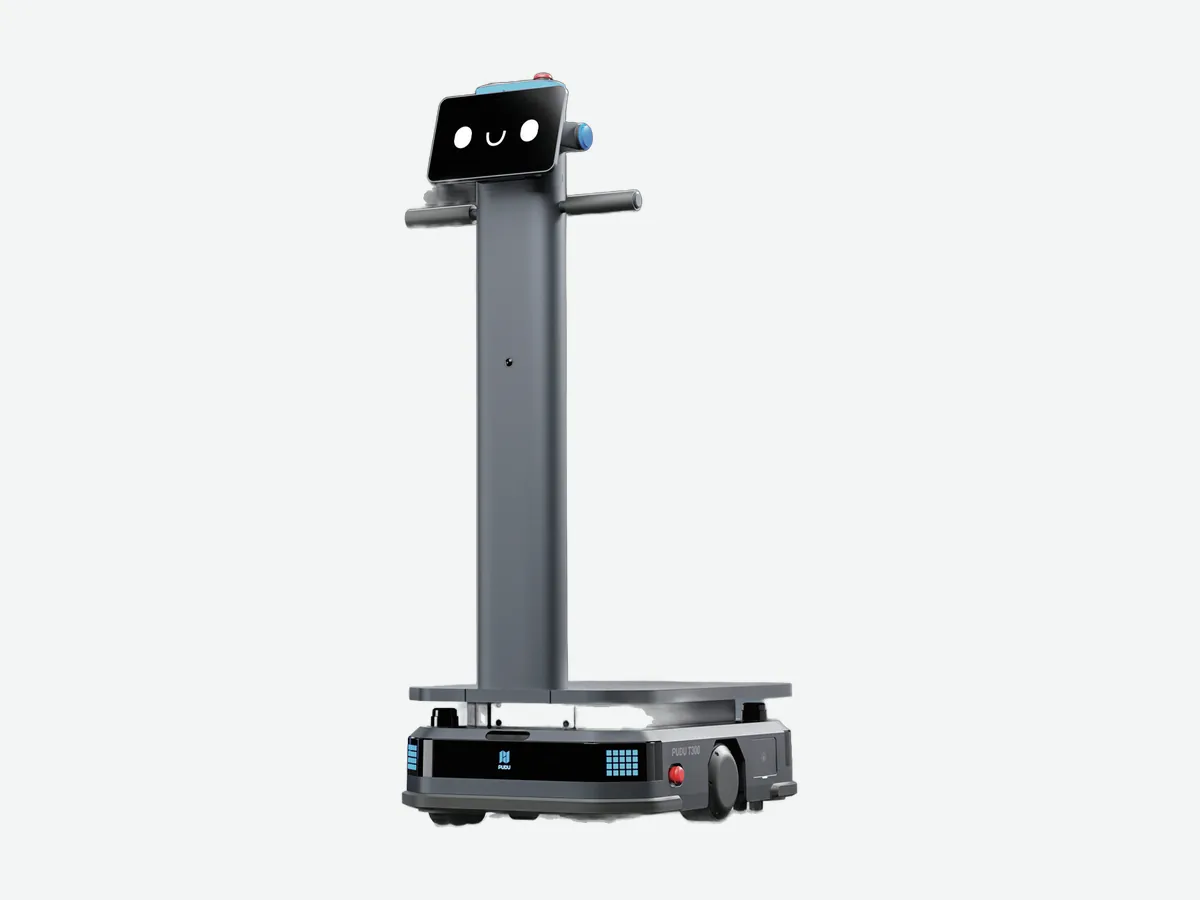 Industrial autonomous delivery robot with flat load deck and guidance column