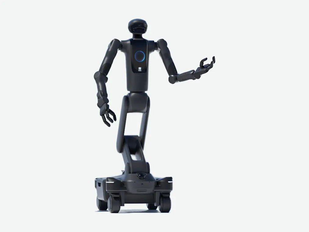 Industrial semi-humanoid robot with two arms on a wheeled mobile base