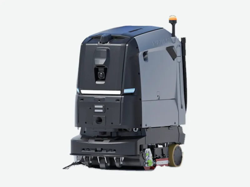 Large autonomous scrubber-dryer robot, front three-quarter view