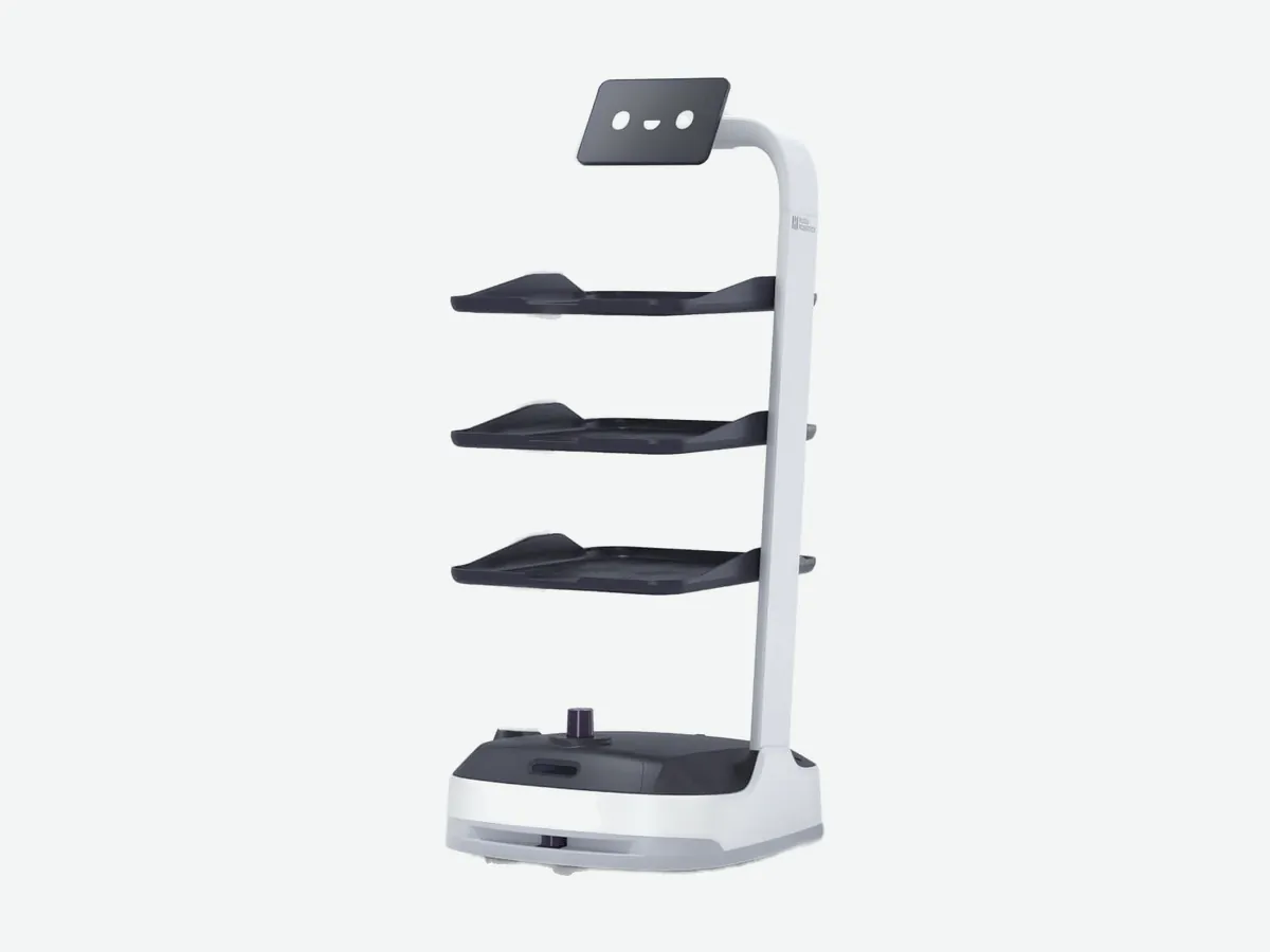 Multi-purpose indoor delivery robot with open trays and top display