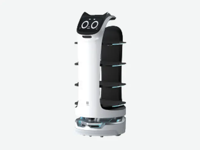 Multi-tray service delivery robot with expressive face display